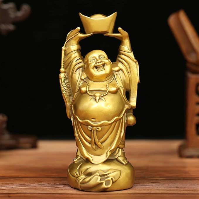 BRASSTAR Brass Laughing Buddha Holding Ingot Money Bag Statue Attract Wealth Feng Shui Ornament Home Office Decorative PTZY053