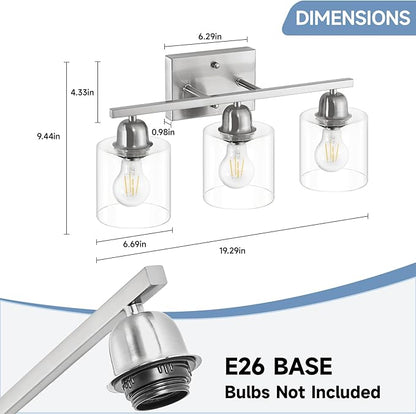 Modern Brushed Nickel 3 Light Bathroom Light Fixtures,19 inch Vanity Lights for Bathroom with Clear Glass Over Mirror for Mirror Kitchen Living Room