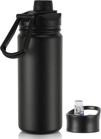 16 oz Insulated Water Bottle with Straw Lids, Stainless Steel Kids Water Bottles for School, Double Wall Vacuum Metal Water Bottle with Straw & Wide Mouth Lid, Black 1 Pack