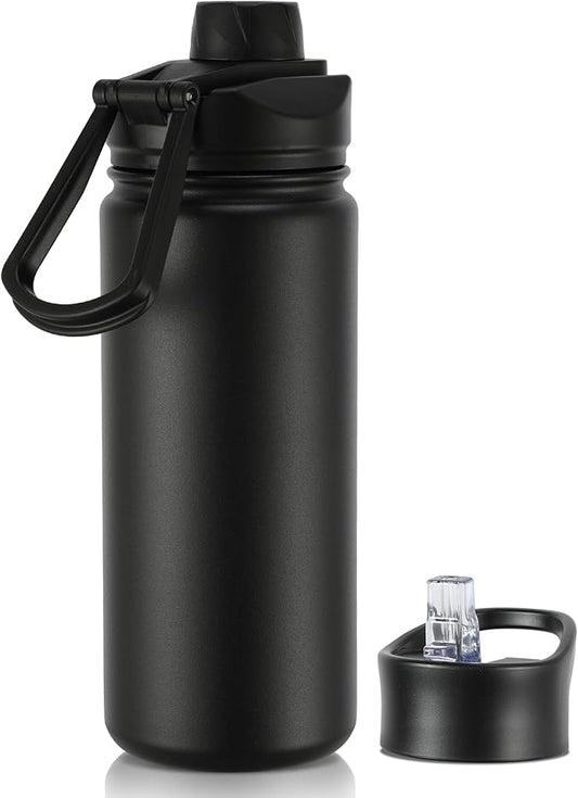 16 oz Insulated Water Bottle with Straw Lids, Stainless Steel Kids Water Bottles for School, Double Wall Vacuum Metal Water Bottle with Straw & Wide Mouth Lid, Black 1 Pack