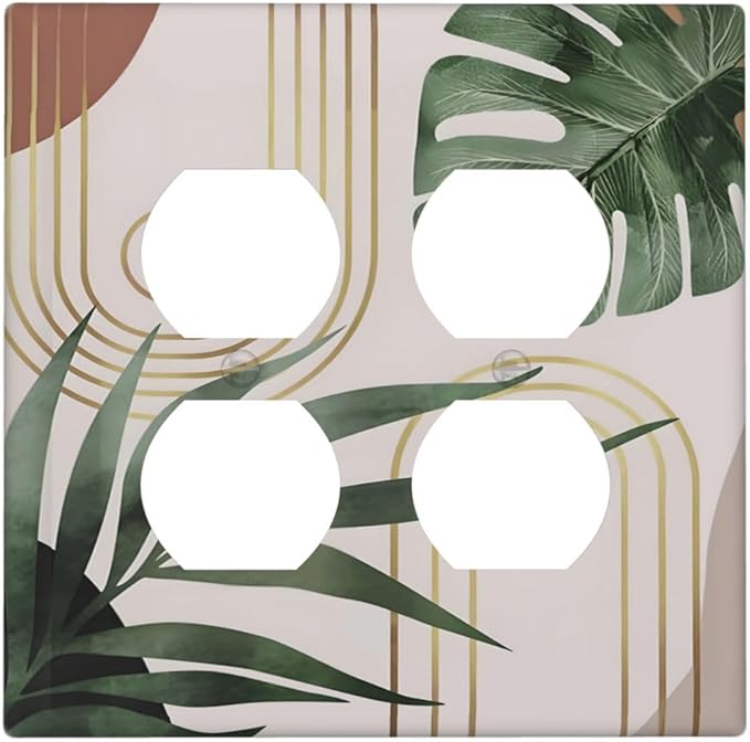 Decorative Outlet Covers Boho Mid Century Abstract Arch Green Leaves 2 Gang Wall Plate Double Duplex Light Switch Cover Switch Plate Covers for Bedroom Home Decor