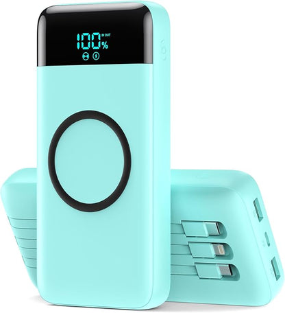 Wireless Portable Charger 40800mAh with 3 Built-in Cables,7-in-1 15W Wireless Charging Power Bank,25W PD QC 4.0 Fast Charging USB C LCD Display Battery Pack for iPhone 16/15/13,Samsung,Android-Green