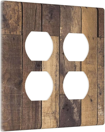 Cool Brown Wood Style Vintage Rustic Print Outlet Covers 2 Gang Double Duplex Decorative Light Switch Covers Electrical Wallplates Socket Faceplate for Farmhouse Home Decor