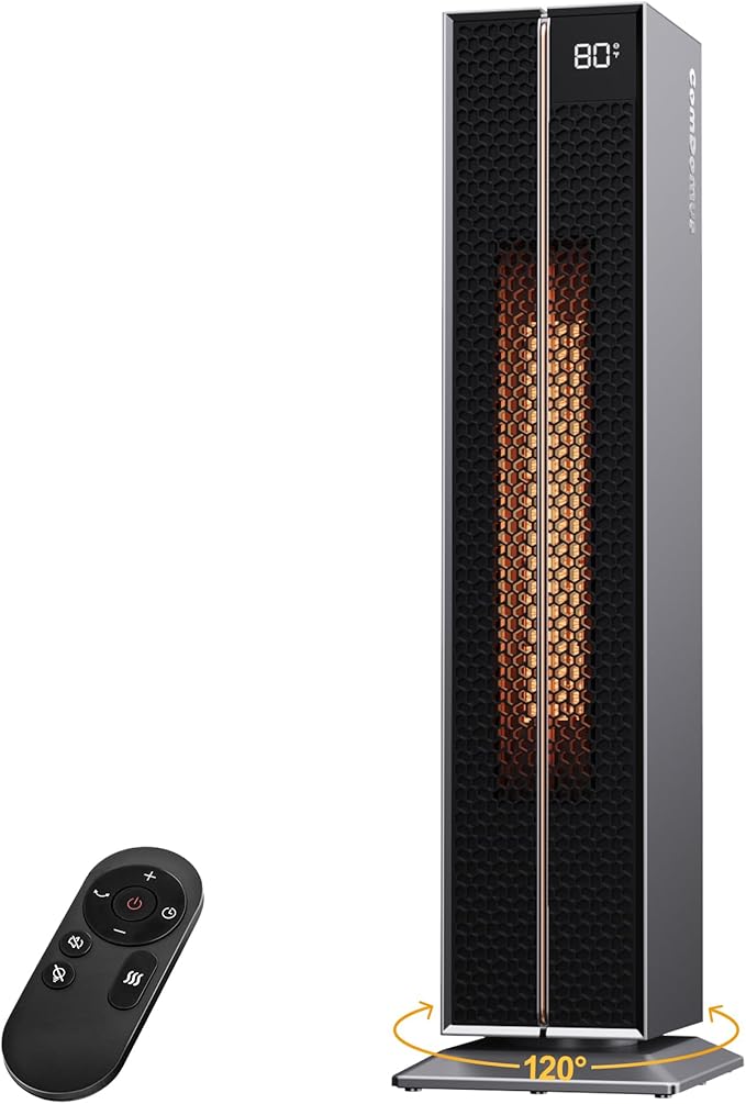 Electric Heaters for Indoor Use, 32” Space Heater Large Room with Remote, 120° Oscillation, 5 Heat Levels, 3 Modes, Multiple Safety Protections, 1500W Ceramic Tower Heater for Bedroom, Silver