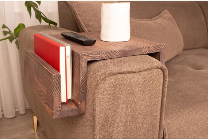 Wooden Couch Arm Tray – Sofa Armrest Table with Book & Magazine Holder, Perfect for Coffee & Remote Control, Solid Wood (London)