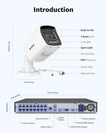ANNKE 12MP Security Camera System, 16CH NVR Recorder with AI Motion Detection, 8pcs IP PoE Cams with Color Night Vision, Built-in Mic, Compatible with Alexa for Home Business Surveillance, 4TB HDD