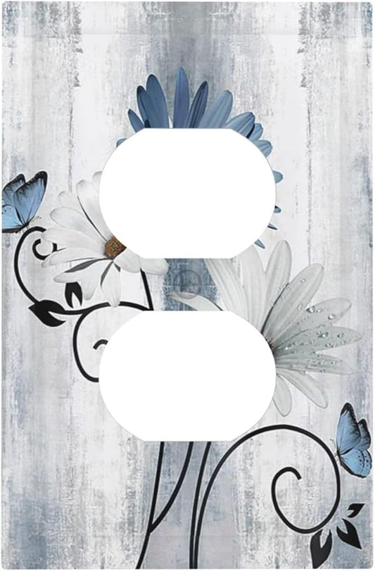Decorative Outlet Covers Rustic Blue White Daisy Ink Flower 1 Gang Duplex Light Switch Cover Plate Unique Wall Plates for Electrical Outlets Switch Plate Covers for Bedroom Home Decor