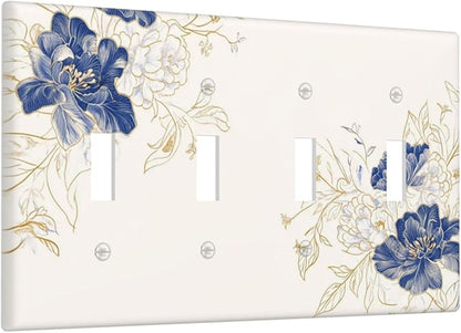 Decorative Light Switch Cover Plate Rustic Blue Flower Floral Gold Leaf 4 Gang Wall Plates for Electrical Outlets Quad Toggle Switch Plate Covers Outlet Covers Faceplate for Home Decor