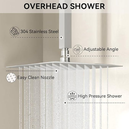 Shower Faucets Sets Brushed Nickel Shower System,12" Ceiling Rainfall Shower and 6" Wall Mount with 2 in 1 Handhled, Can Use All at Once, Thermostatic Shower Set with Valve and Trim Kit