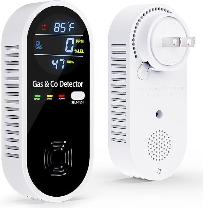 Gas and Carbon Monoxide Detectors Plug in, 4-in-1 Portable CO & Natural Gas Leak Detector with Temperature & Humidity Display for Home, Hotel, RV & Travel