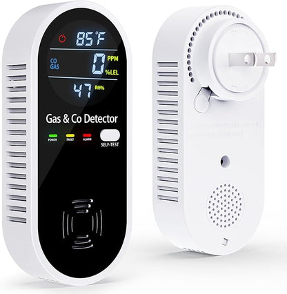 Gas and Carbon Monoxide Detectors Plug in, 4-in-1 Portable CO & Natural Gas Leak Detector with Temperature & Humidity Display for Home, Hotel, RV & Travel