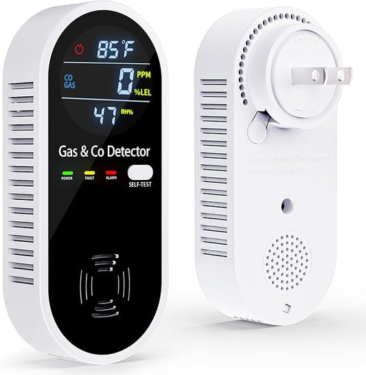 Gas and Carbon Monoxide Detectors Plug in, 4-in-1 Portable CO & Natural Gas Leak Detector with Temperature & Humidity Display for Home, Hotel, RV & Travel