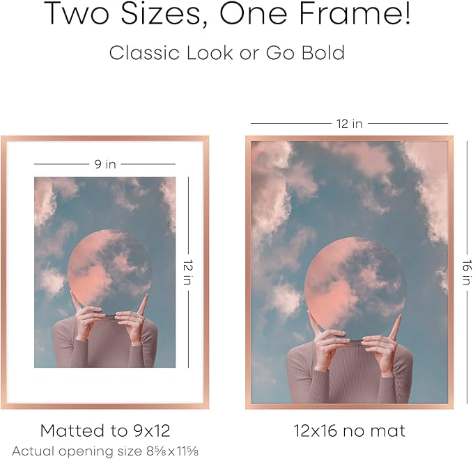 Homeforia 12x16 Rose Gold Picture Frame, High End Metal 12x16 Poster Frames with Mat 9x12 Photo, 12 x 16 Rose Gold Frames Matted to 9 by 12 Print, 16x12 Thin Frames, Tempered Glass, Wall Kit, Set of 2