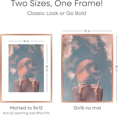 Homeforia 12x16 Rose Gold Picture Frame, High End Metal 12x16 Poster Frames with Mat 9x12 Photo, 12 x 16 Rose Gold Frames Matted to 9 by 12 Print, 16x12 Thin Frames, Tempered Glass, Wall Kit, Set of 2
