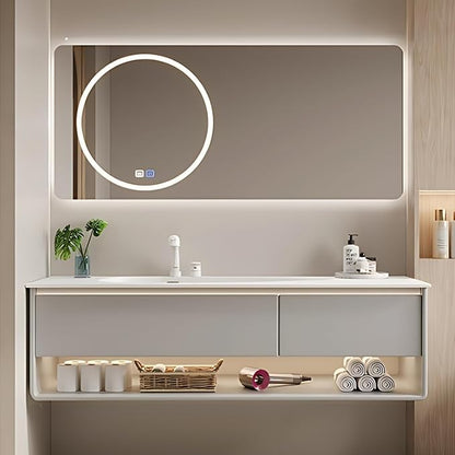 56IN Grey Bathroom Vanity Set - Floating Bathroom Vanity with Single Sink | Including LED Smart Defogging Mirror Cabinet & Time Display Function, Equipped with Motion Sensing Light Strip (Style B)