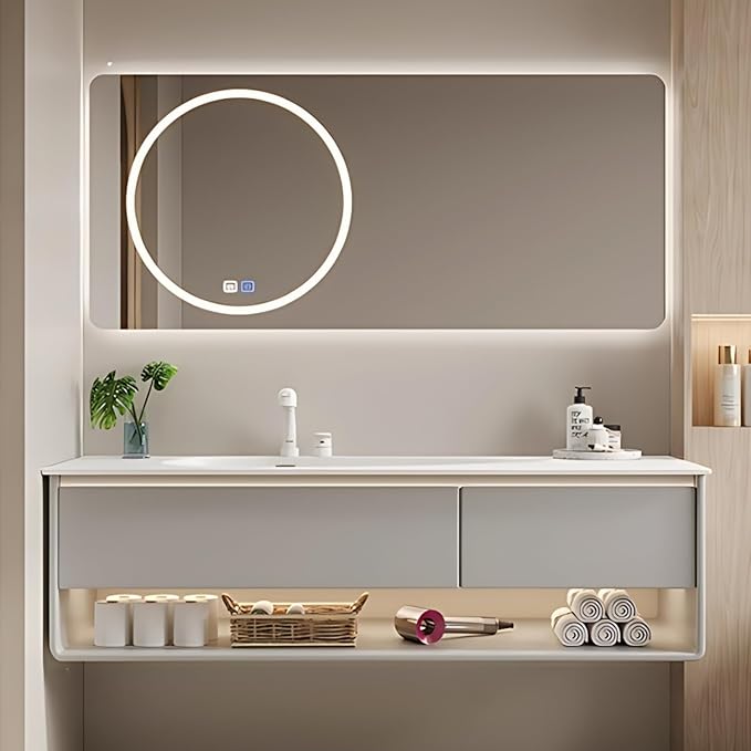 64IN Grey Bathroom Vanity Set - Floating Bathroom Vanity with Single Sink | Including LED Smart Defogging Mirror Cabinet & Time Display Function, Equipped with Motion Sensing Light Strip (Style B)