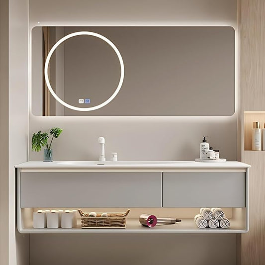 48IN Grey Bathroom Vanity Set - Floating Bathroom Vanity with Single Sink | Including LED Smart Defogging Mirror Cabinet & Time Display Function, Equipped with Motion Sensing Light Strip (Style B)