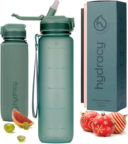 Hydracy Water Bottle with Time Marker -Large BPA Free Water Bottle & No Sweat Sleeve -Leak Proof Gym Bottle with Fruit Infuser Strainer & Times to Drink -Ideal for Fitness Sports & Outdoors