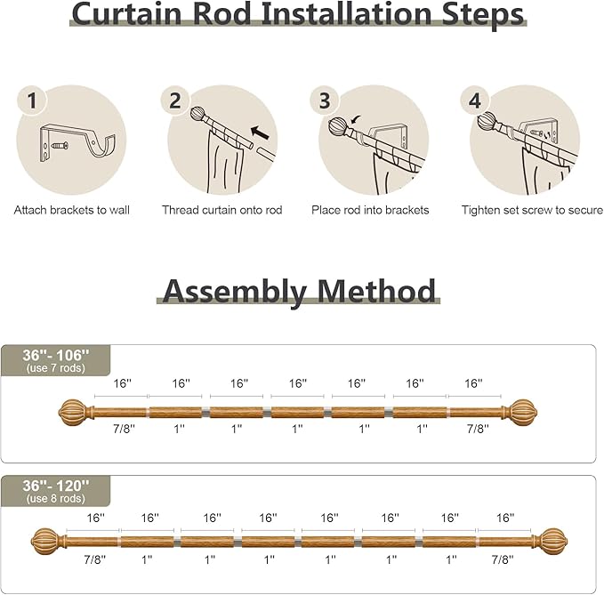Wood Curtain Rods for Windows 66 to 120 Inch, 1'' Adjustable Heavy Duty Curtain Rod，Vintage Decorative Drapery Rods with Pumpkin Finials for Bedroom Living Room