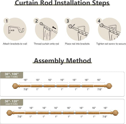 Wood Curtain Rods for Windows 66 to 120 Inch, 1'' Adjustable Heavy Duty Curtain Rod，Vintage Decorative Drapery Rods with Pumpkin Finials for Bedroom Living Room