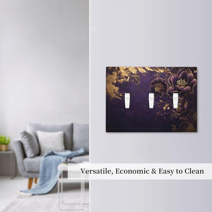 Decorative Purple Peony Gold Leaf Flowers Floral 3 Gang Wall Plate Oversized Triple Toggle Switch Cover Plate Jumbo Electrical Face Plate for Bedroom Decor