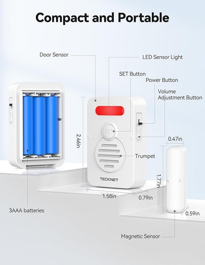 TECKNET Door Alarms for Kids Safety, Window Alarm with Smart Voice Alert, 4-Level Adjustable Volume, Refrigerator Sensor Pool Alarm Door Alarms when opened for Home Security、Fridge、Garage and Basement
