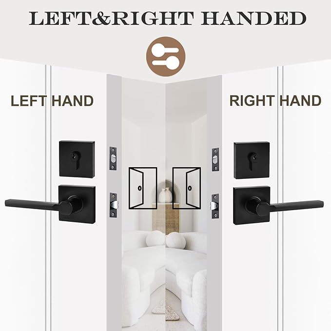 7 Sets Passage Door Lever and Single Cylinder Deadbolt Lock Set, Heavy Duty Square Handle for Entrance and Front Door, Matte Black, Different Keys