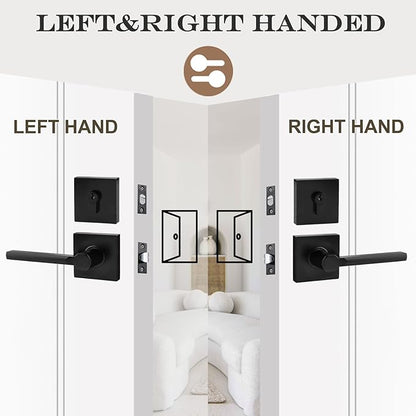 3 Sets Passage Door Lever and Single Cylinder Deadbolt Lock Set, Heavy Duty Square Handle for Entrance and Front Door, Matte Black, Different Keys