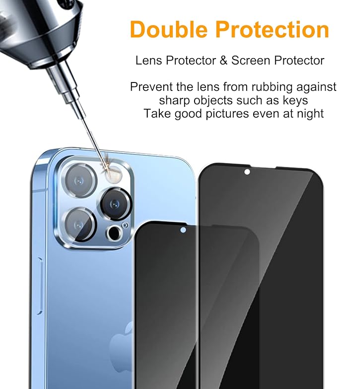 PEHAEL 2+2Pack for iPhone 13 Pro Privacy Screen Protector with Camera Lens Protector Full Coverage AntiSpy Tempered Glass Film 9H Hardness Easy Installation Bubble Free [6.1 inch]