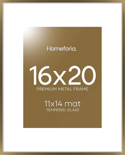 Homeforia Picture 16x20 Bronze Frame, High End Metal 16x20 Brass Poster Frames with Mat 11x14 for Photo, 16 x 20 Frame Matted to 11 by 14 Print, 20x16 Hanging Frames, Tempered Glass, Wall Kit, Set of 1