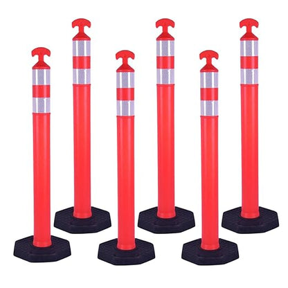 Reflective Rubber Base Traffic Delineator Post - Heavy-Duty Safety Bollards for Parking Lot Markers, Road Construction, Driveway Warning - with Reflective Strips (6 Pack - 42 Inch)