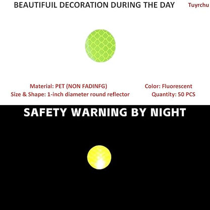 Non Fading Fluorescent Reflective Stickers 1-inch Diameter Round Reflector, Outdoor Waterproof High Visibility Warning Adhesive Tape (50 Pcs)