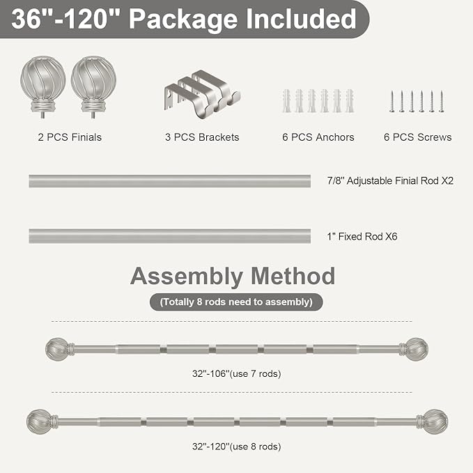 Silver Curtain Rods for Windows 66 to 120 Inch 7/8" Diamete Heavy Duty Adjustable Window Curtain Rod with Decorative Finials for Farmhouse Bedroom Living Room Kitchen Outdoor