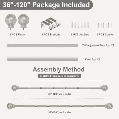 Silver Curtain Rods for Windows 66 to 120 Inch 7/8" Diamete Heavy Duty Adjustable Window Curtain Rod with Decorative Finials for Farmhouse Bedroom Living Room Kitchen Outdoor