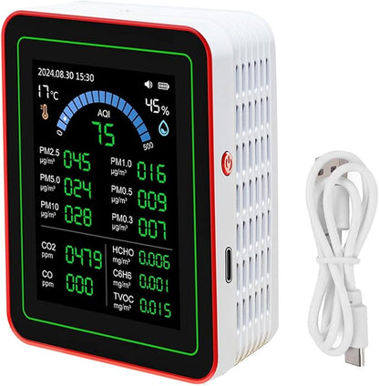 AUNMAS Air Quality Monitor Indoor, CO2 TVOC HCHO PM2.5 PM10 Temp Humid Detect Tester Meter for Home Hotel Office Car