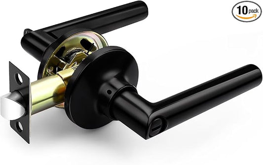 GOBEKOR 10 Pack Matte Black Door Handles Privacy Door Levers with Lock,Heavy Duty Interior Door Handles for Bedroom and Bathroom,Sleek Round Door Lever with No Key