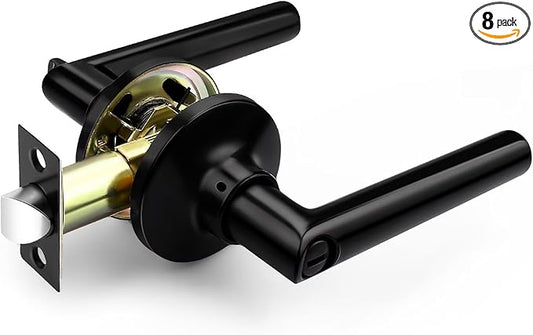 GOBEKOR 8 Pack Matte Black Door Handles Privacy Door Levers with Lock,Heavy Duty Interior Door Handles for Bedroom and Bathroom,Sleek Round Door Lever with No Key