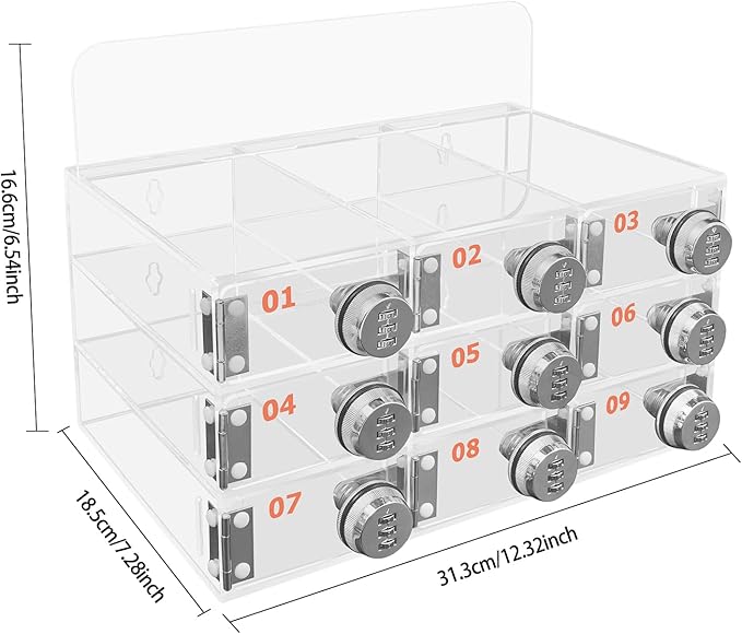 Cell Phone Locker Box 9 Slots Cell Phone Organizer Cabinet with Combination Locks Wall-Mounted Locking Cell Phone Storage Box for Classroom Office,Shool,Office (9 Slots, Wood+Acrylic)