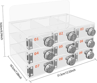 Cell Phone Locker Box 9 Slots Cell Phone Organizer Cabinet with Combination Locks Wall-Mounted Locking Cell Phone Storage Box for Classroom Office,Shool,Office (9 Slots, Wood+Acrylic)
