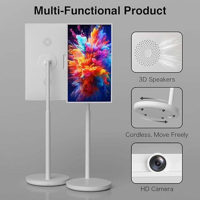 Portable Smart Screen On Wheels, 4K Touchscreen Display, Build-in 4K Camera, Rolling TV Android 13 OS, Built-in Battery (5-8H), Remote Control, 8+128GB Storage (White/32 inches Ultra)