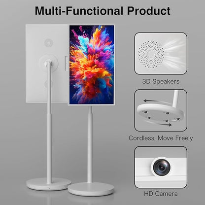 Portable Smart Screen On Wheels, 4K Touchscreen Display, Build-in 4K Camera, Rolling TV Android 13 OS, Built-in Battery (5-8H), Remote Control, 8+128GB Storage (White/32 inches Ultra)