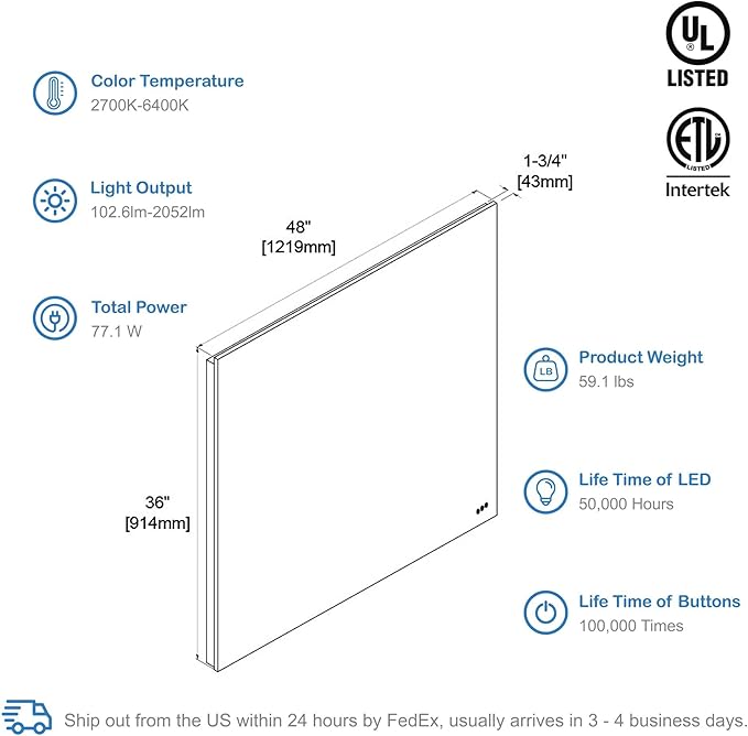 Blossom 48"X36" LED Bathroom Mirror with Lights, Front Lit and Backlight, Stepless Dimmable, Anti-Fog, Shatter-Proof Tempered Glass, Memory, 3 Colors Lighting Bathroom Mirrors for Vanity Makeup Mirror