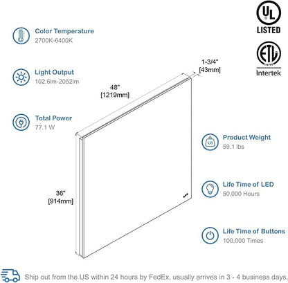 Blossom 48"X36" LED Bathroom Mirror with Lights, Front Lit and Backlight, Stepless Dimmable, Anti-Fog, Shatter-Proof Tempered Glass, Memory, 3 Colors Lighting Bathroom Mirrors for Vanity Makeup Mirror