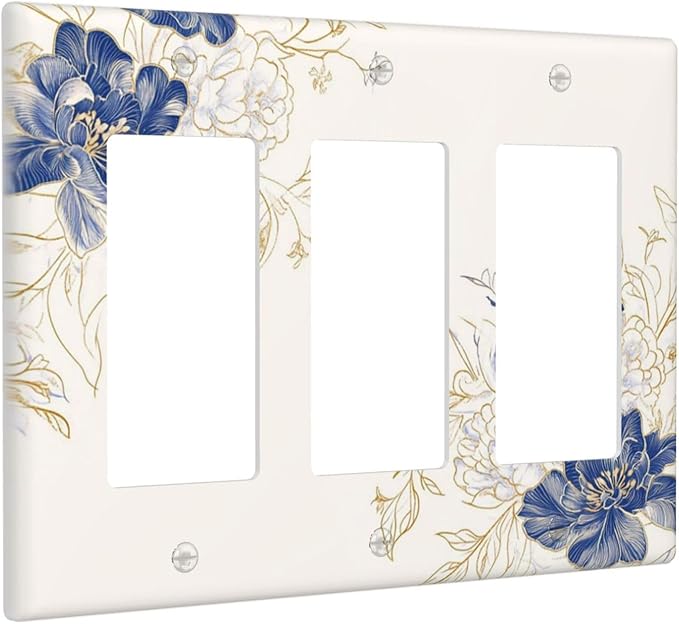 Decorative Outlet Covers Rustic Blue Flower Flaral Gold Leaf 3 Gang Light Switch Cover Plate Triple Rocker Wall Plates for Electrical Outlets Switch Plate Covers for Bedroom Home Decor