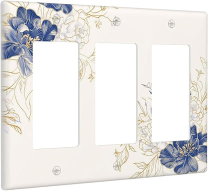 Decorative Outlet Covers Rustic Blue Flower Flaral Gold Leaf 3 Gang Light Switch Cover Plate Triple Rocker Wall Plates for Electrical Outlets Switch Plate Covers for Bedroom Home Decor