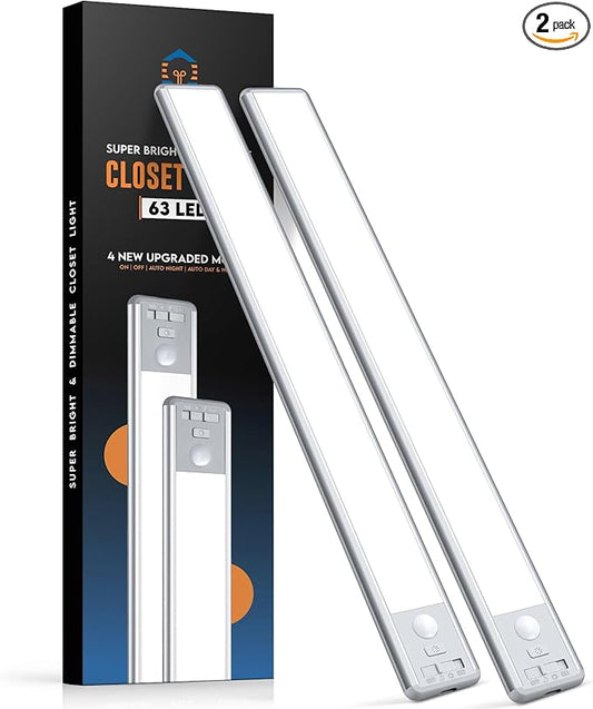 63 LED Closet Lights Motion Sensored, 2500mAh Rechargeable Under Cabinet Lighting, Dimmable & Magnetic Light Bar for Kitchen Cabinets, Hallways (2 Pack)