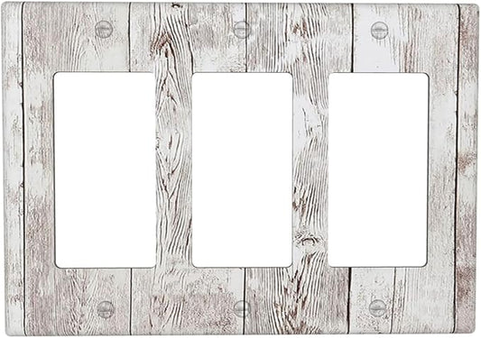 Light Switch Covers Rustic Vintage White Wood Grain 3 Gang Rocker Electrical GFCI Decorative Triple Outlet Wall Plate Cover Switchplate for Farmhouse Home Decor