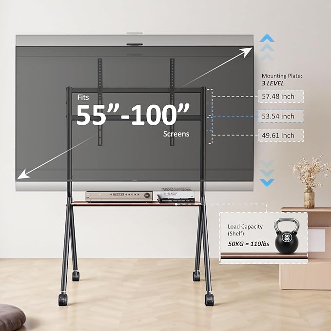 Smart Board Stand for 55-100 Inch Interactive Whiteboards,Flat&Curved TVs,Holds Up to 265lbs,Height Adjustable Smartboard Stand with Lockable Wheels for Office/Classroom/Home