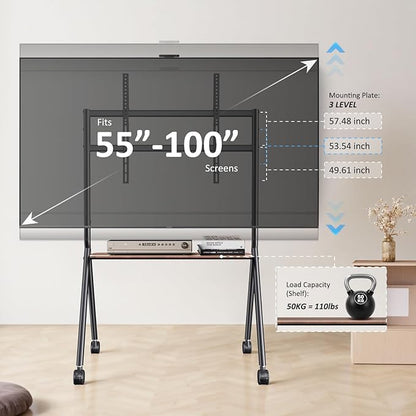 Smart Board Stand for 55-100 Inch Interactive Whiteboards,Flat&Curved TVs,Holds Up to 265lbs,Height Adjustable Smartboard Stand with Lockable Wheels for Office/Classroom/Home