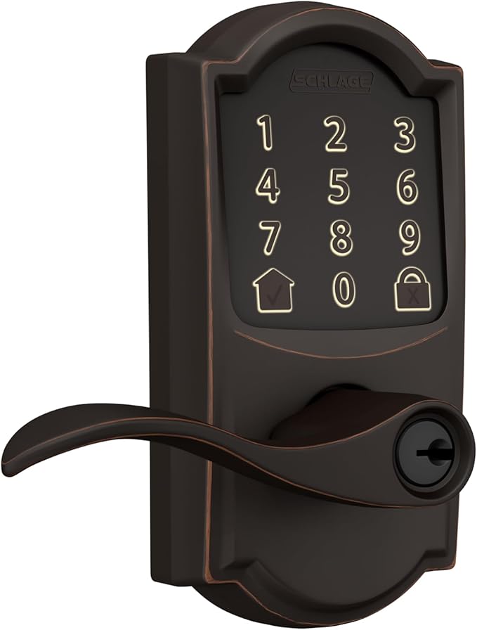 Schlage FE789WB CAM 716 Acc Encode WiFi Accent Lever Smart Lock, Keyless Entry Touchscreen Door Lock with Camelot Trim, Aged Bronze